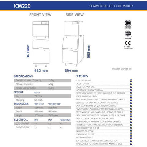 ICM220 Ice Cube Maker + STORAGE BIN 120KG - Hessian Vending