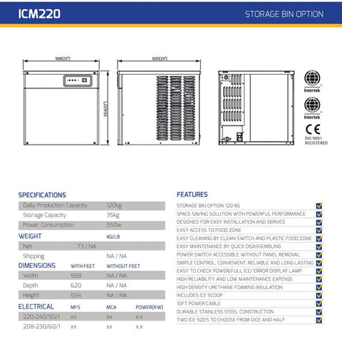 ICM220 Ice Cube Maker + STORAGE BIN 120KG - Hessian Vending